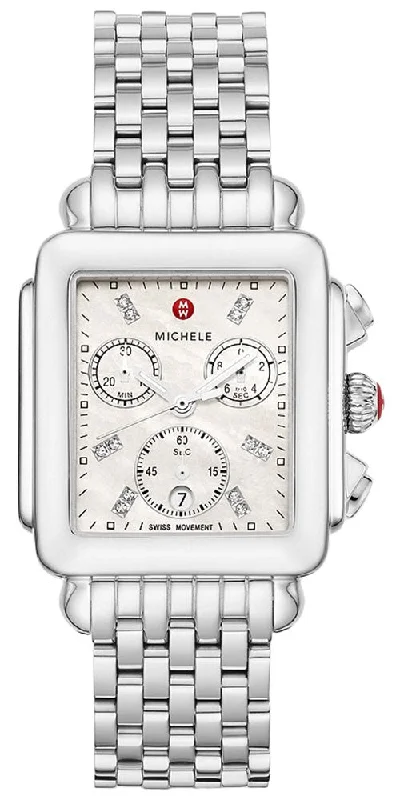 vintage men's watches for collectors -Michele Deco Chronograph Stainless Steel Diamonds Mother-of-Pearl Dial Date Womens Watch MWW06A000778