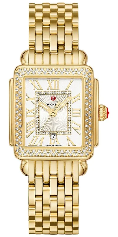 men's watches with rotating bezels for divers -Michele Deco Madison Mid 18K Gold-Plated Steel Diamonds Silver Dial Date Rectangle Womens Watch MWW06G000003