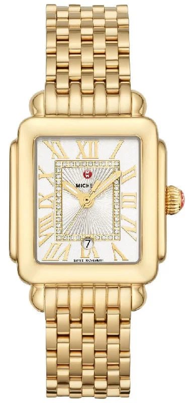 premium men's watches with mesh stainless steel bands -Michele Deco Madison Mid Gold Plated Steel Diamonds Silver Dial Date Rectangle Womens Watch MWW06G000014