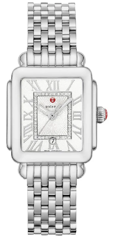 solar-powered watches with modern design -Michele Deco Madison Mid Stainless Steel Diamonds Silver Dial Date Rectangle Womens Watch MWW06G000012