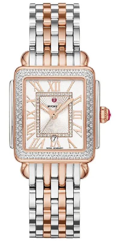 men's watches with silver dials and black bands -Michele Deco Madison Mid Two-Tone Rose Gold Steel Diamonds Silver Dial Rectangle Womens Watch MWW06G000015