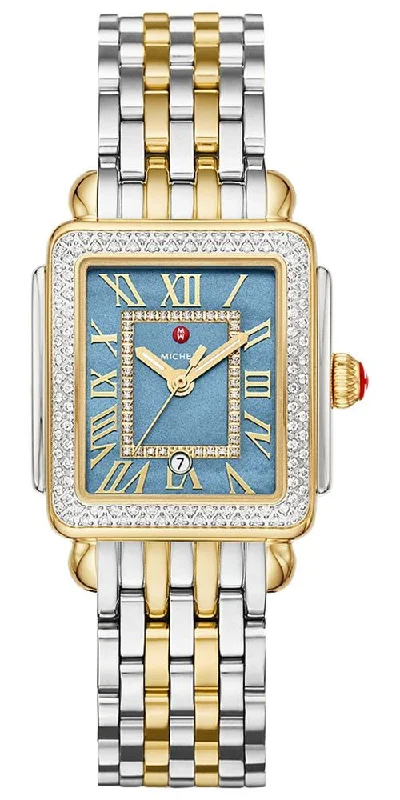 best smartwatches for seniors with health features -Michele Deco Madison Mid Two-Tone Steel Diamonds Blue Mother-of-Pearl Dial Rectangle Womens Watch MWW06G000036