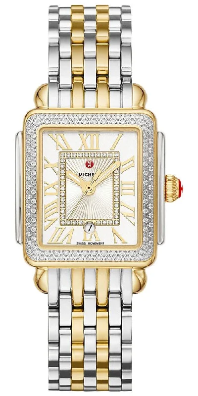 best digital watches for outdoor enthusiasts -Michele Deco Madison Mid Two-Tone Steel Diamonds Silver Dial Rectangle Womens Watch MWW06G000002