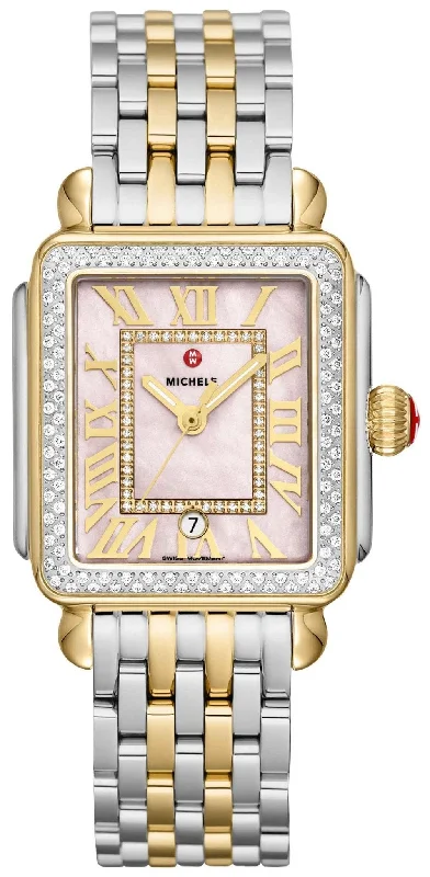 classic wristwatches for women with gold finish -Michele Deco Madison Two-Tone Steel Diamonds Pink Mother-of-Pearl Dial Date Rectangle Womens Watch MWW06T000266