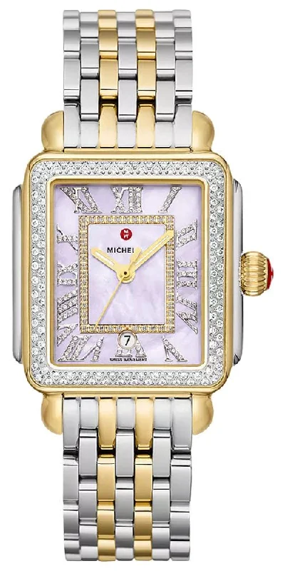 stylish watches for women with silver accents -Michele Deco Madison Two-Tone Steel Diamonds Purple Mother-of-Pearl Dial Rectangle Womens Watch MWW06T000248