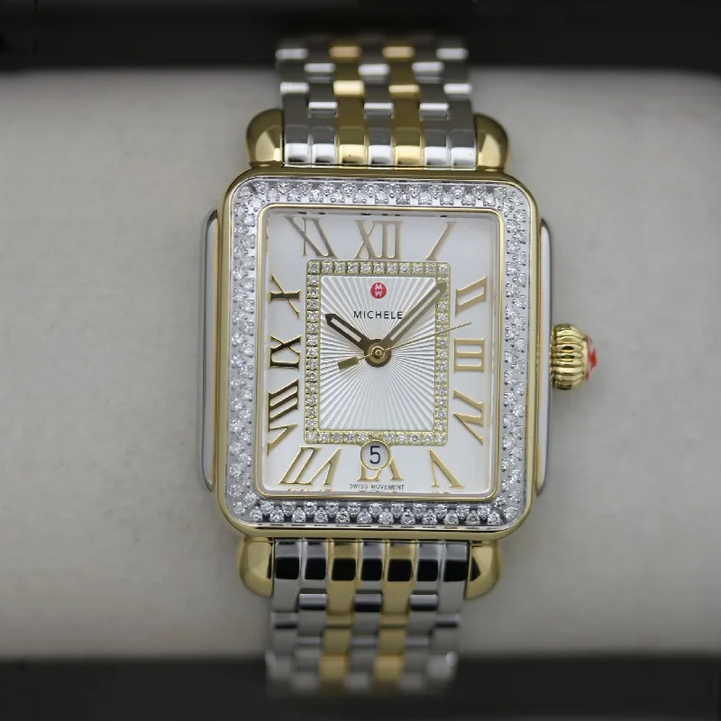 affordable wristwatches for women with style -Michele Deco Madison Two-Tone Steel Diamonds Silver Dial Date Rectangle Womens Watch MWW06T000144