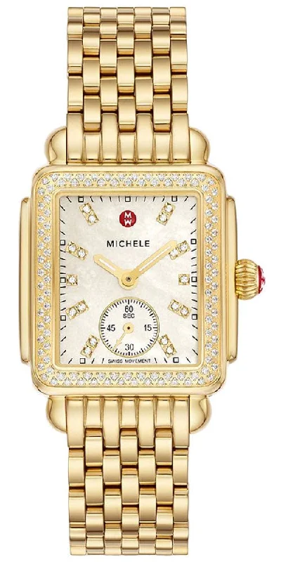 watches for men with black ceramic bands -Michele Deco Mid Gold-Plated Steel Diamond Mother of Pearl Dial Rectangle Womens Watch MWW06V000124