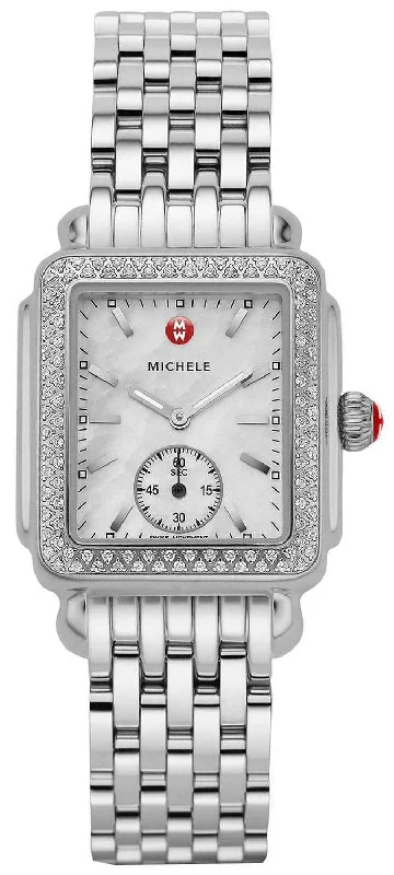 best luxury watches for investment purposes -Michele Deco Mid Stainless Steel Mother-of-Pearl Dial Diamonds Rectangle Womens Watch MWW06V000001