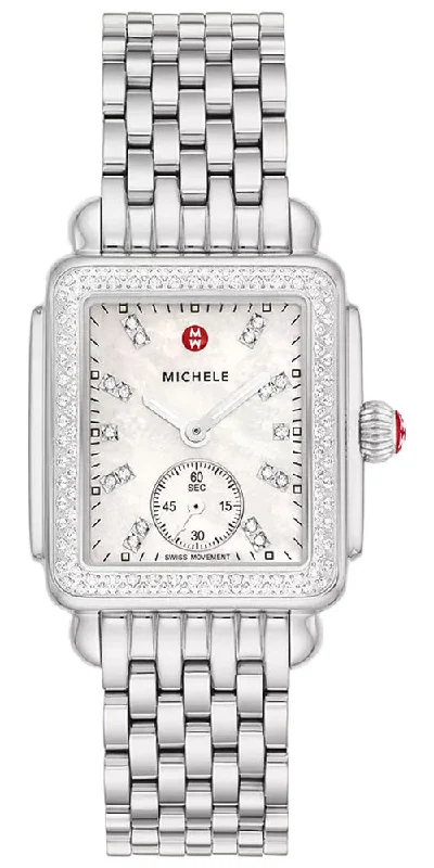 best casual watches for women with leather bands -Michele Deco Mid Stainless Steel Mother-of-Pearl Dial Diamonds Rectangle Womens Watch MWW06V000122