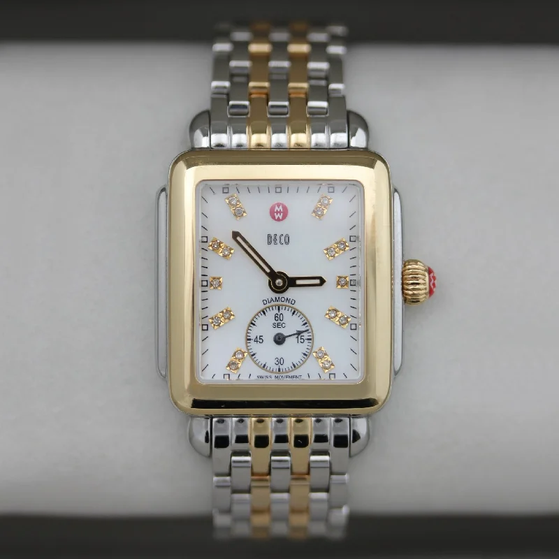 watches for men with black dial and gold markers -Michele Deco Mid Two-Tone Steel Diamond Mother of Pearl Dial Rectangle Womens Watch MWW06V000042