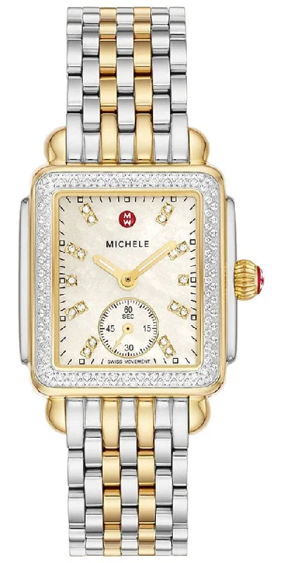 classic gold watches for men -Michele Deco Mid Two-Tone Steel Diamond Mother of Pearl Dial Rectangle Womens Watch MWW06V000123