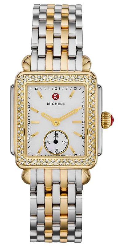 best watches with moonphase complication -Michele Deco Mid Two-Tone Steel Diamond Rectangle Womens Watch MWW06V000023