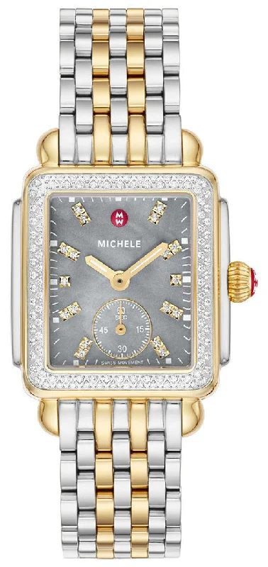 watches for men with bronze finish -Michele Deco Mid Two-Tone Steel Diamonds Gray Mother-of-Pearl Dial Rectangle Womens Watch MWW06V000132