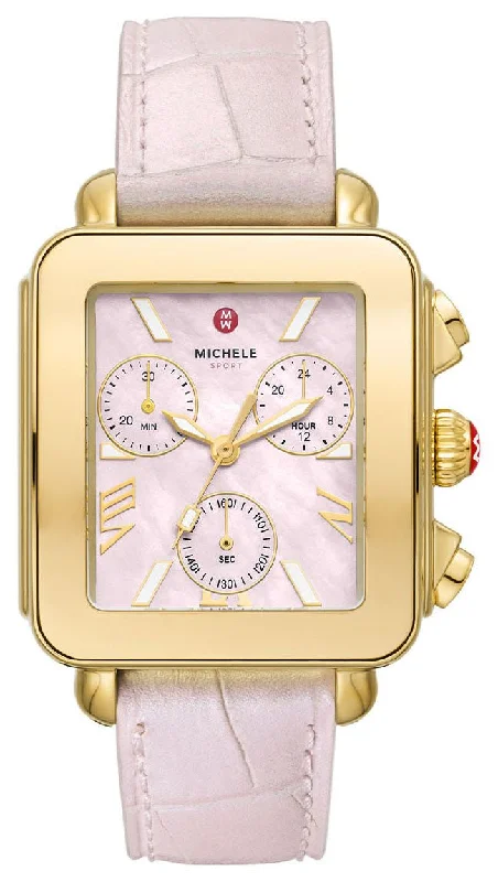 women's watches with unique dial designs -Michele Deco Sport Chronograph Pink Mother-of-Pearl Rectangle Dial Pink Leather Women's Watch MWW06K000068