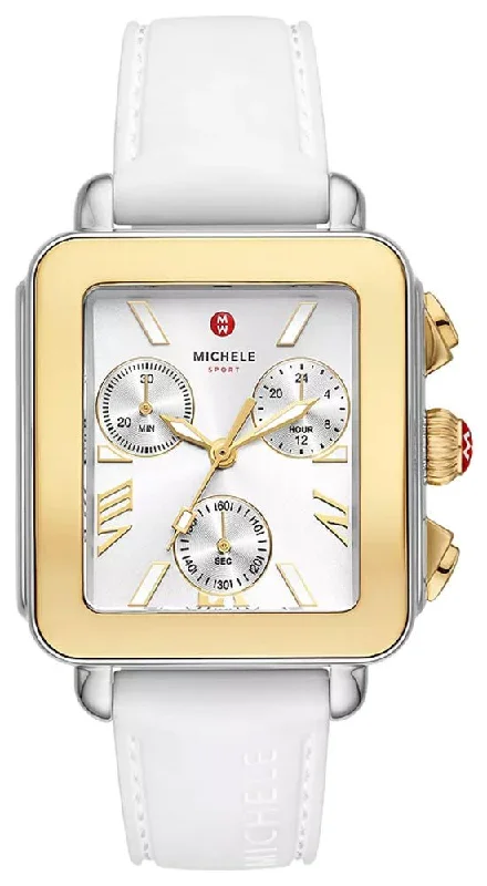 best watches for triathletes with heart rate monitor -Michele Deco Sport Chronograph Silver Rectangle Dial Gold-Plated Bezel White Silicone Women's Watch MWW06K000069