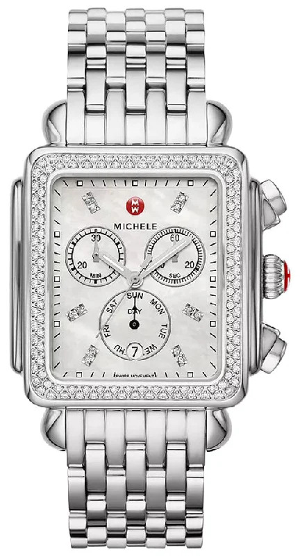 men's watches with rotating bezels for divers -Michele Deco XL Chronograph Day-of-Week/Date Mother-of-Pearl Dial Diamonds Stainless Steel Rectangle Womens Watch MWW06Z000035