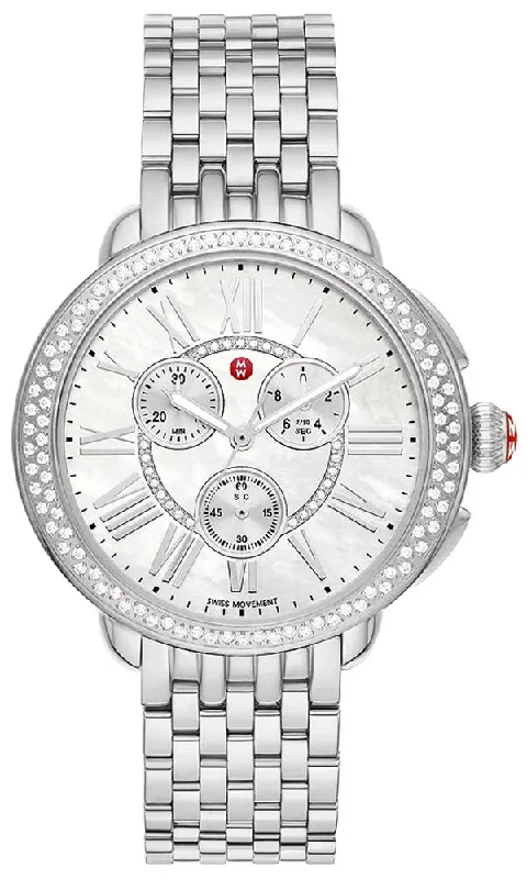 men's watches with dual time zone -Michele Serein Chronograph Diamonds Mother-of-Pearl Dial Stainless Steel Womens Watch MWW21A000068