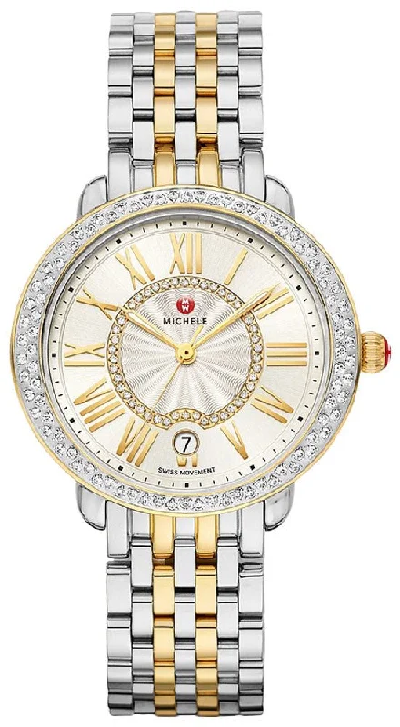 unique designer watches with bold features -Michele Serein Mid Two-Tone Stainless Steel Diamonds Silver Dial Date Womens Watch Special Edition MWW21B000138