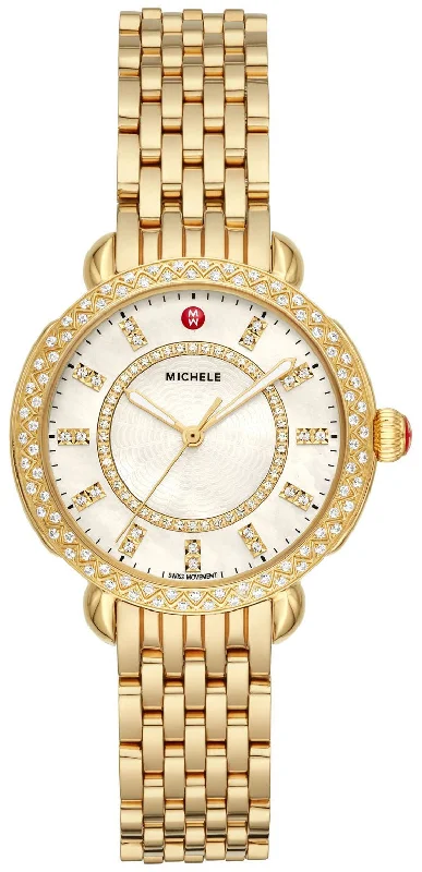 watches for men with dark brown leather straps -Michele Sidney Classic 18K Gold-Plated Steel Mother-of-Pearl Dial Diamonds Womens Watch MWW30B000004