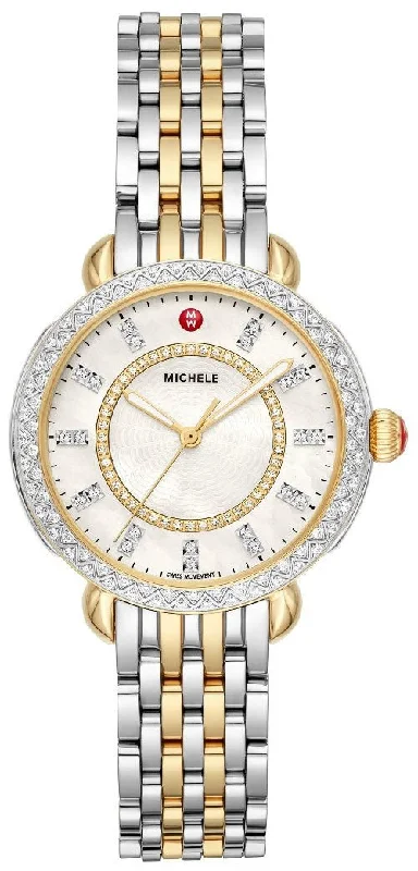 high-end men's watches with blue dial -Michele Sidney Classic Two-Tone Stainless Steel Mother-of-Pearl Dial Diamonds Womens Watch MWW30B000002