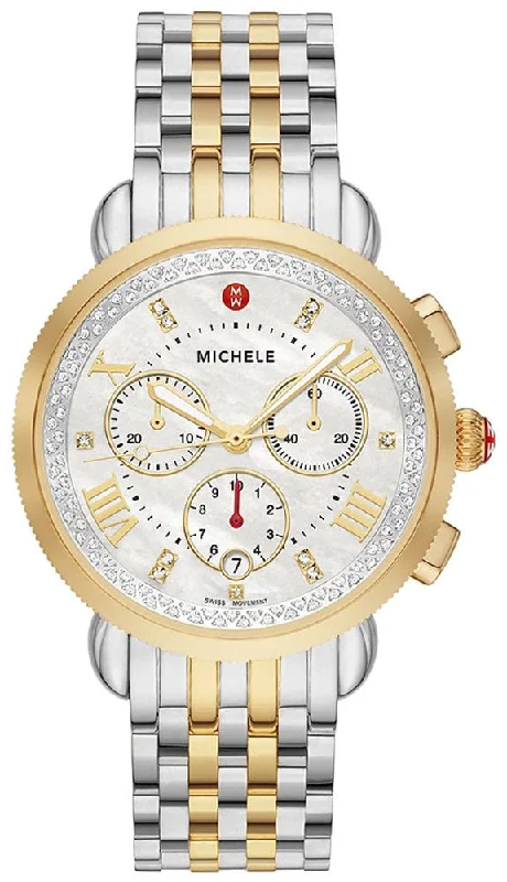 luxury watches for formal occasions -Michele Sport Sail Chronograph Diamonds Mother of Pearl Dial Date Two-Tone Stainless Steel Womens Watch MWW01C000142