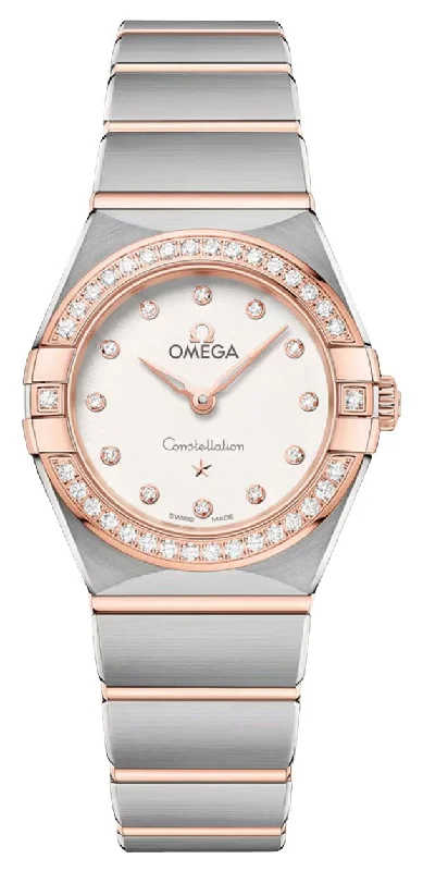 waterproof watches with GPS for hiking -Omega Constellation Stainless Steel & 18K Rose Gold Silver Dial Diamonds Quartz Womens Watch 131.25.25.60.52.001