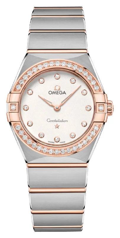 watches for women with small face -Omega Constellation Stainless Steel & 18K Rose Gold Silver Dial Diamonds Quartz Womens Watch 131.25.28.60.52.001