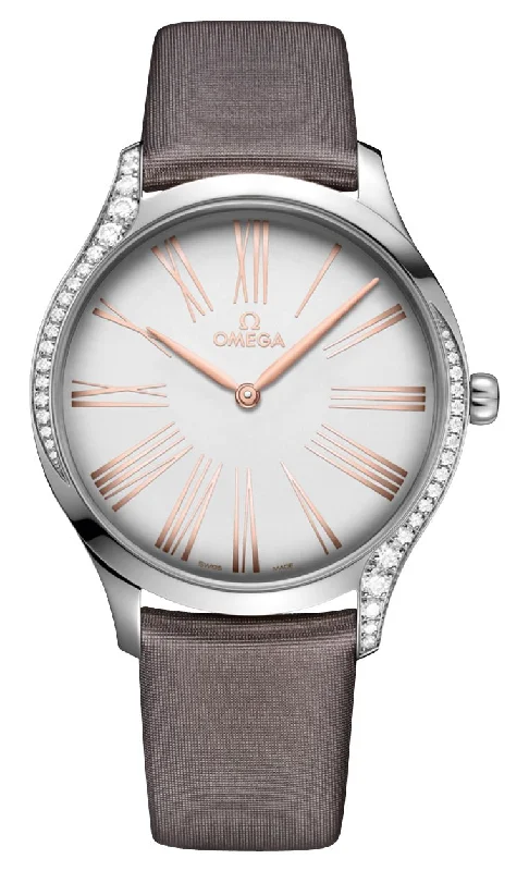 women's watches with leather straps for casual wear -Omega De Ville Trésor Stainless Steel Silver Dial Gray Fabric Strap Diamonds Quartz Womens Watch 428.17.39.60.02.001