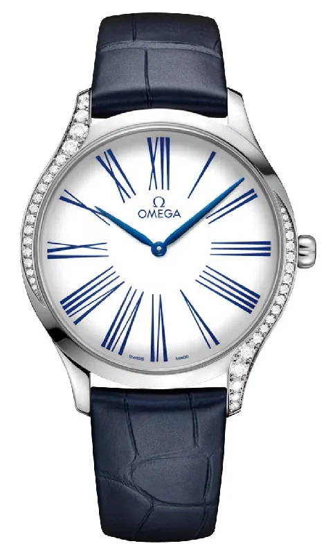 luxury watches for formal occasions -Omega De Ville Trésor Stainless Steel White Dial Blue Leather Strap Diamonds Quartz Womens Watch 428.18.39.60.04.001