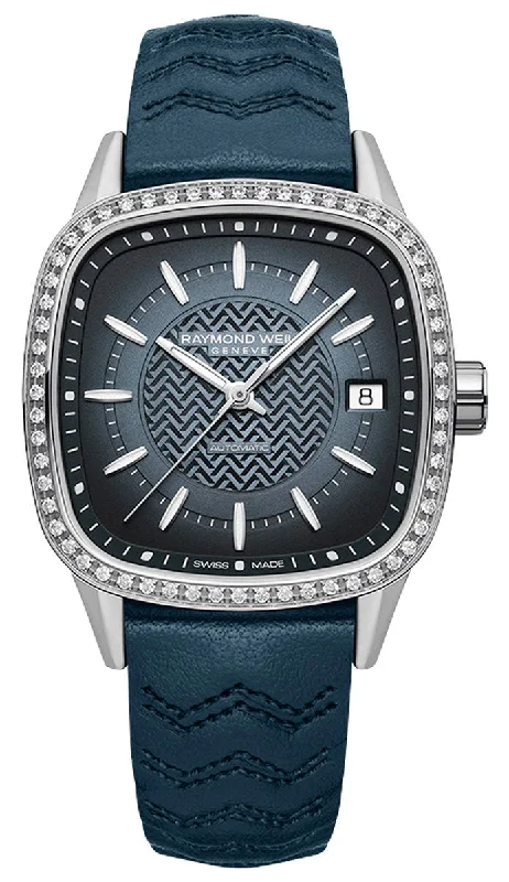 high-quality watches for professional use -Raymond Weil Freelancer Automatic Stainless Steel Blue Dial Blue Leather Strap Date Diamonds Womens Watch 2490-SCS-50051