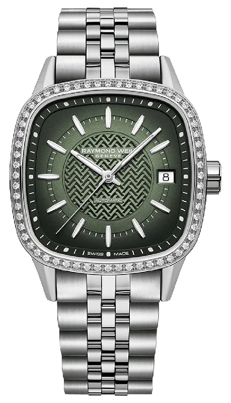 digital watches with dual time zone feature -Raymond Weil Freelancer Automatic Stainless Steel Green Dial Date Diamonds Womens Watch 2490-STS-52051