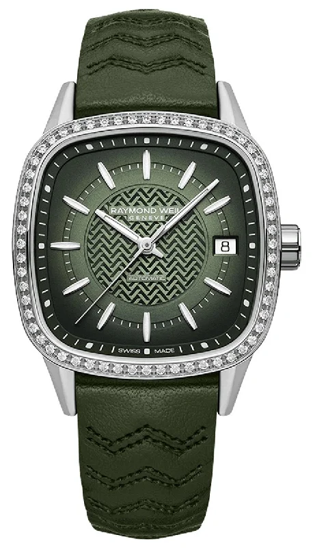 automatic watches for men with moonphase feature -Raymond Weil Freelancer Automatic Stainless Steel Green Dial Green Leather Strap Date Diamonds Womens Watch 2490-SCS-52051