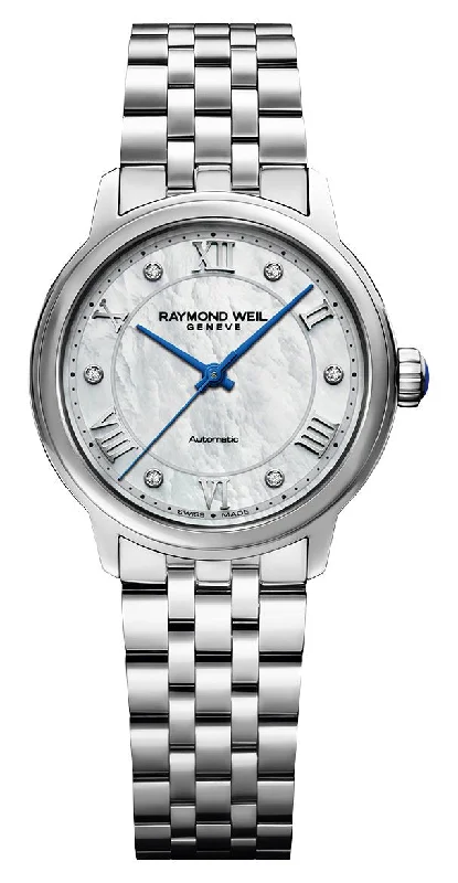 watches with digital display for active lifestyles -Raymond Weil Maestro Automatic Stainless Steel Mother-of-Pearl Dial Diamonds Womens Watch 2131-ST-00966