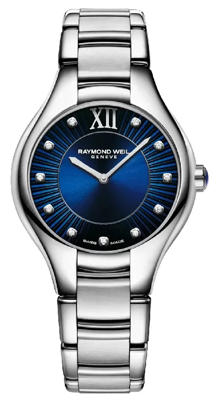 watches for men with two-tone bands -Raymond Weil Noemia Stainless Steel Blue Dial Diamonds Quartz Womens Watch 5132-ST-50181