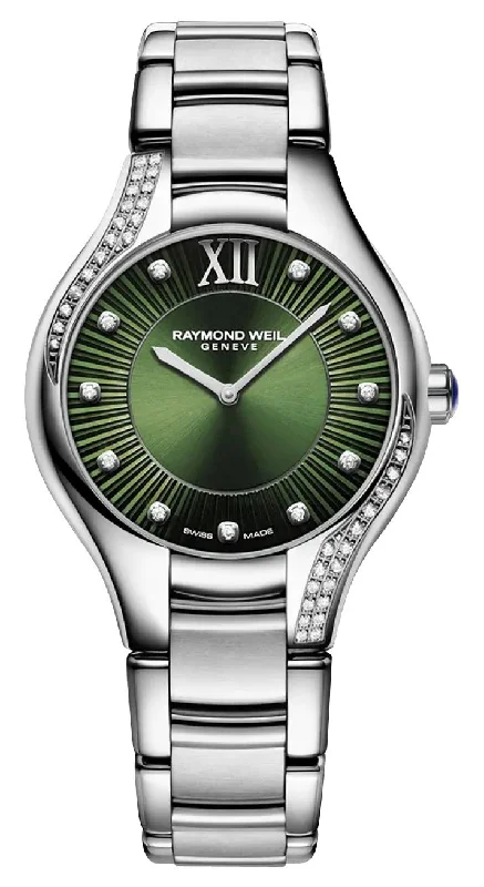 best men's watches for hiking and trekking -Raymond Weil Noemia Stainless Steel Green Dial Diamonds Quartz Womens Watch 5132-S1S-52181