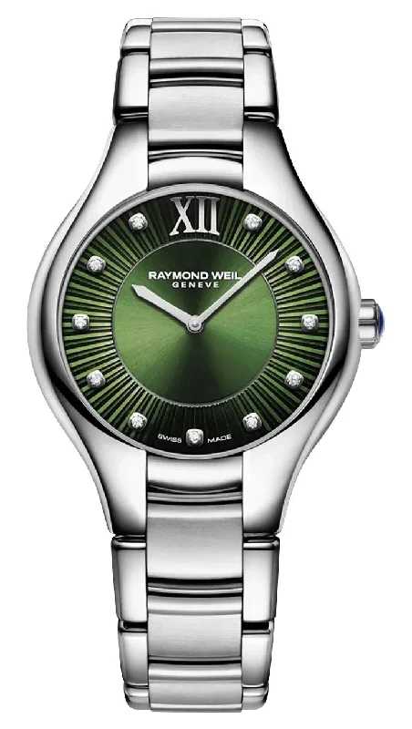 affordable luxury watches for men -Raymond Weil Noemia Stainless Steel Green Dial Diamonds Quartz Womens Watch 5132-ST-52181