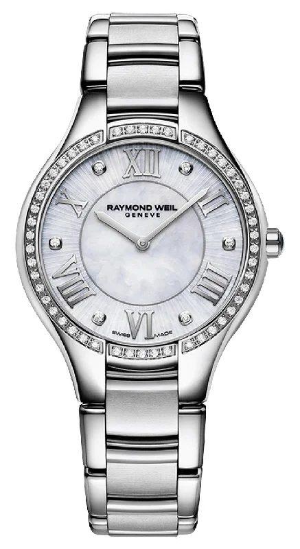 fashion watches with unique patterns -Raymond Weil Noemia Stainless Steel Mother-Of-Pearl Dial Diamonds Quartz Womens Watch 5132-S2S-00966