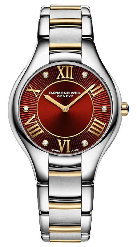 stylish gold watches for men -Raymond Weil Noemia Two-Tone Stainless Steel Red Dial Diamonds Quartz Womens Watch 5132-STP-00456