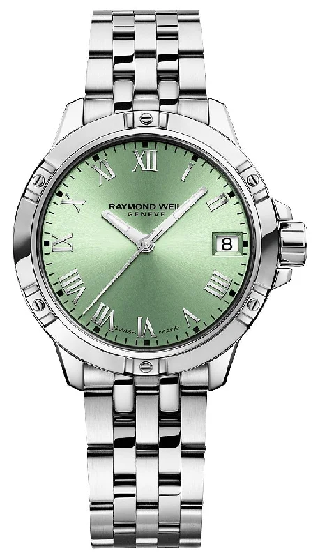 top-rated luxury watches for men under 500 -Raymond Weil Tango Stainless Steel Green Dial Date Quartz Womens Watch 5960-ST-00520