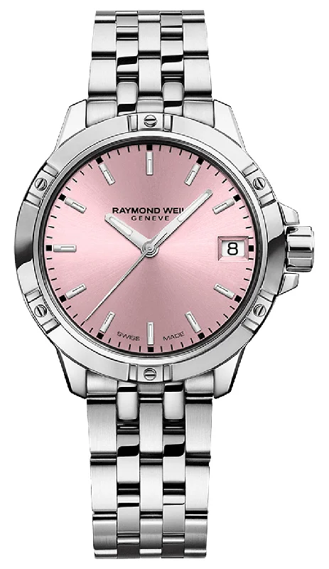 women's watches with brown leather straps -Raymond Weil Tango Stainless Steel Pink Dial Date Quartz Womens Watch 5960-ST-80001