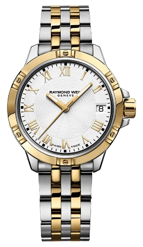 waterproof watches for water sports -Raymond Weil Tango Two-Tone Stainless Steel White Dial Date Quartz Womens Watch 5960-STP-00308