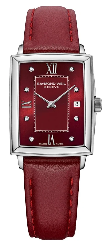 watches for men with bold, oversized faces -Raymond Weil Toccata Stainless Steel Burgundy Dial Burgundy Leather Strap Diamonds Date Quartz Womens Watch 5925-STC-00451