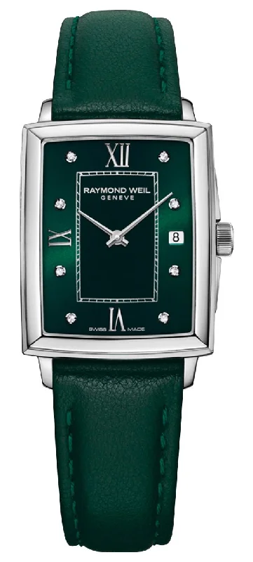 vintage-style watches with modern design -Raymond Weil Toccata Stainless Steel Green Dial Green Leather Strap Diamonds Date Quartz Womens Watch 5925-STC-00521