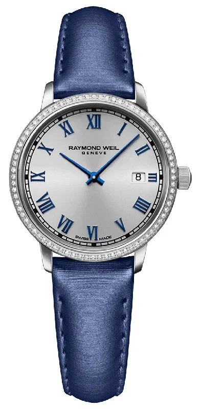 best watches for women with unique colors -Raymond Weil Toccata Stainless Steel Silver Dial Blue Satin Strap Diamonds Date Quartz Womens Watch 5985-SCS-00653