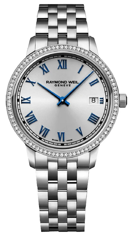 men's watches with silver mesh bands -Raymond Weil Toccata Stainless Steel Silver Dial Diamonds Date Quartz Womens Watch 5385-STS-00653