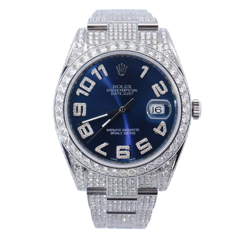 smartwatches with fitness tracker for women -Rolex Datejust Stainless Steel 41mm Custom Iced Out Blue Diamond Arabic Dial Watch Reference# 126300