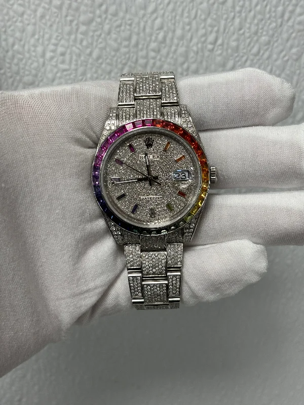 women's watches with leather straps for casual wear -Rolex Datejust Stainless Steel 41mm Custom Iced Out Pave Rainbow Stick Dial Watch Reference# 126300