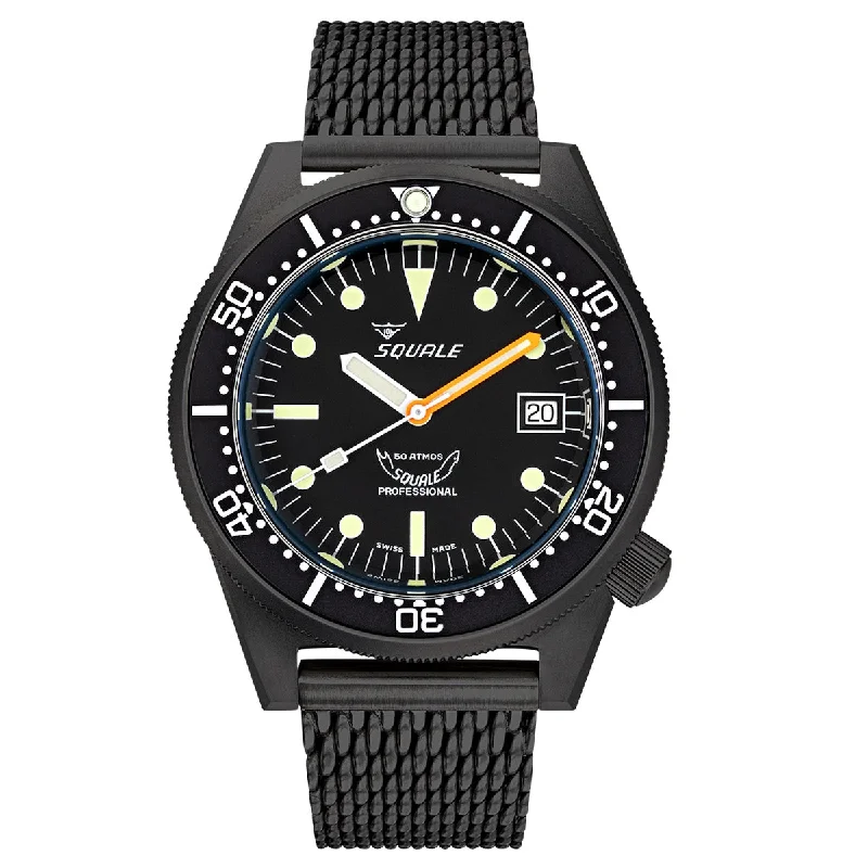 women's watches with unique floral designs -Squale 1521 Black PVD Swiss Made Diver's Watch - Mesh Bracelet