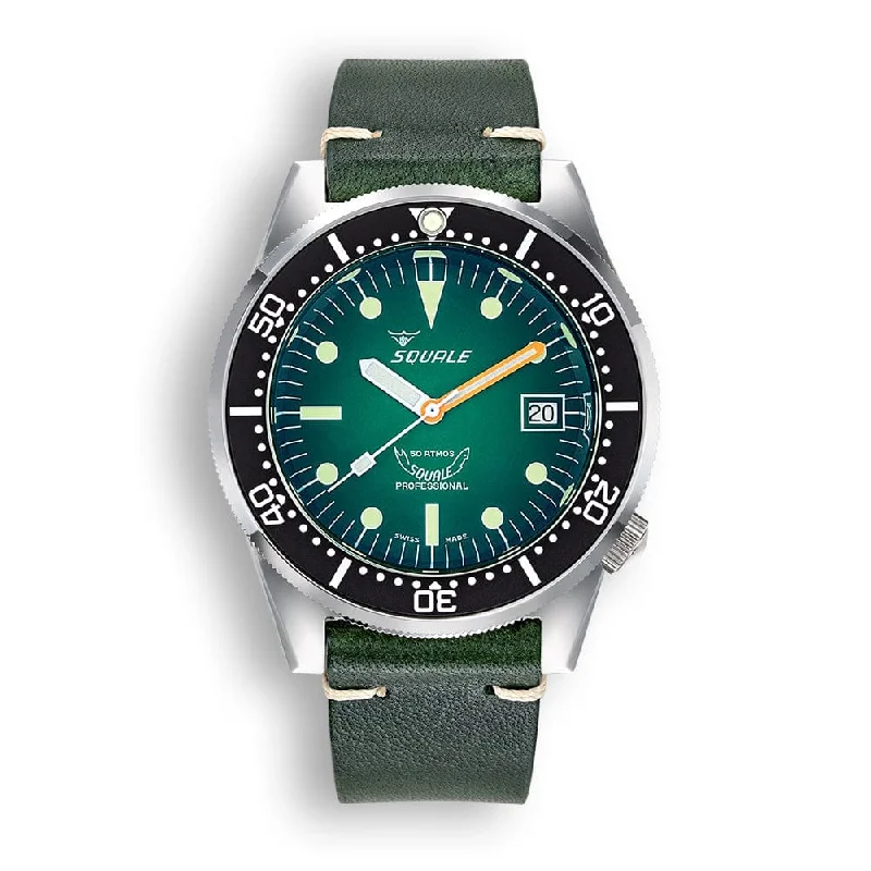 best waterproof smartwatches for outdoor sports -Squale 1521 Swiss Made Divers Watch - Green Ray Dial - Leather Strap