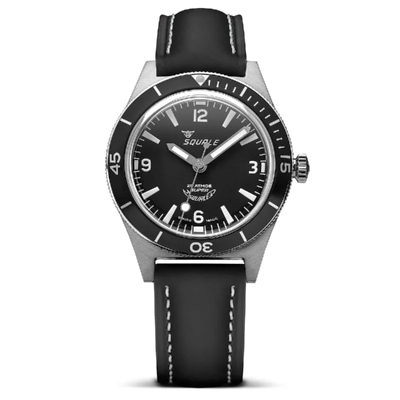 elegant watches for formal events -Super Squale Arabic Numerals Diver's Watch - Matt Black Dial - Rubberised Calf Leather Strap